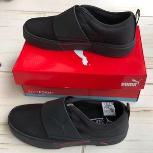 Puma El Rey II slip on black sneakers with red details, mens size 5, women’s 6.5